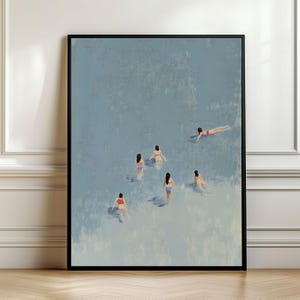 Swimming in the Beach Summer Print, Tiny People Swimming Print, Modern Summer Poster Beach House Blue Wall Decor Minimalist Summer Wall Art