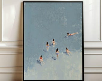 Swimming in the Beach Summer Print, Tiny People Swimming Print, Modern Summer Poster Beach House Blue Wall Decor Minimalist Summer Wall Art