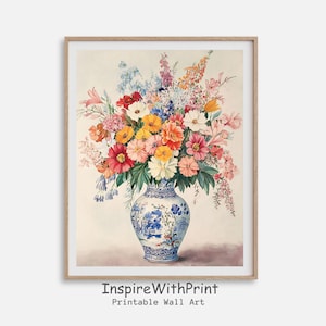 Colorful Flowers Bouquet in Blue and White Chinoiserie Vase Print, Patel Floral Wall Art Printable Chinoiserie Painting, Flower Vase Print