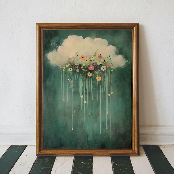 Arte mural de nubes melancólicas, pintura de paisaje de nubes lloviendo y flores silvestres, arte mural verde salvia, arte vintage de flores silvestres imprimible de estilo cottagecore.
