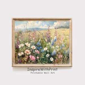 WildFlower Field Painting, Digital Download Pastel Flower Wall Art, Colorful Floral Print, Artful Spring Meadow Wall Art, Spring Art Decor
