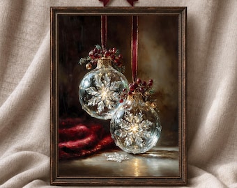 Vintage Christmas Ornament Wall Art, Glass Snowflake Bauble Printable, Moody Red Berry Holiday Decor, Digital Art Print