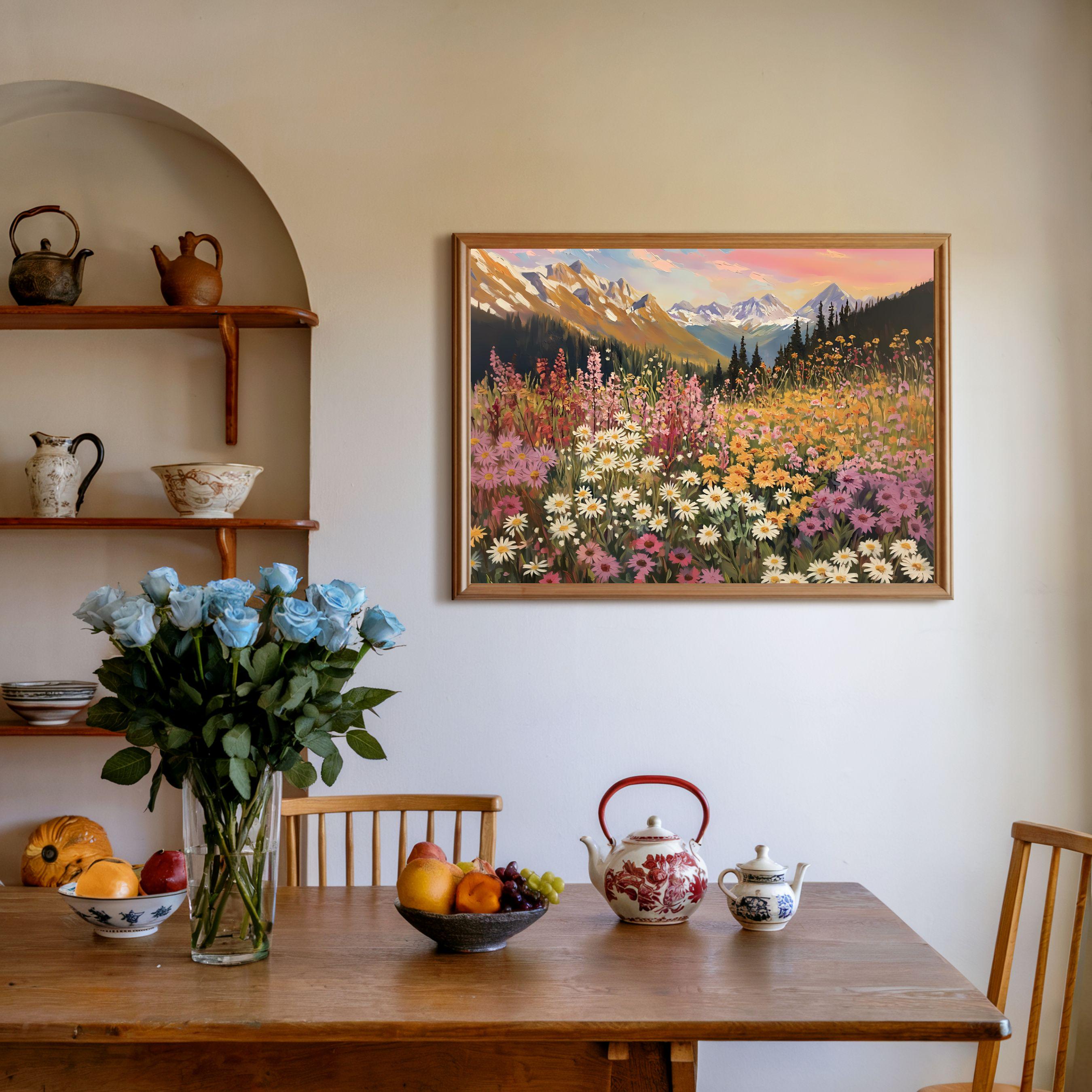 山の野生の花の風景アート 印刷可能 春 夏 壁飾り カラフルな花の草原