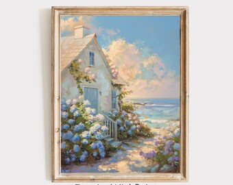 海岸沿いのコテージ風アジサイの絵画、ビーチハウスの壁飾り、パステル調の海の花柄プリント、シャビーシックな夏の風景キャンバス