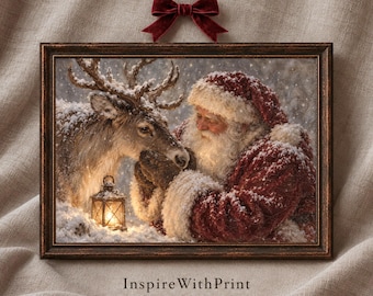 Vintage Santa and Reindeer Printable Wall Art, Snowy Christmas Painting, Rustic Holiday Decor, Winter Mantel Print
