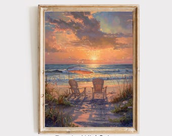 CoastalSunsetの海辺の壁アート、アディロンダックチェアの海の絵、ロマンチックなビーチの夕日のプリント、リビングルーム用の海岸沿いのコテージの海景装飾