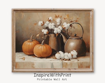 Vintage Pumpkins Still Life Painting, Rustic Farmhouse Printable Wall Art, Moody Autumn Wall Decor, Pumpkin and cotton Flowers Print
