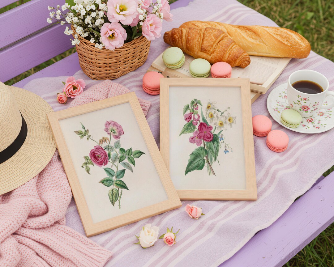 Vintage Pink Rose Wall Art Set of 2, Digital Download Vintage Botanical ...