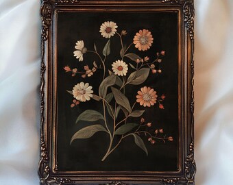 Arte de flores oscuras vintage, impresión botánica oscura, arte de pared imprimible con motivos florales melancólicos, impresión floral oscura, arte de pared con flores rústicas, impresión de flores silvestres
