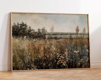 ヴィンテージの野の花のフィールドの絵画、デジタルダウンロードの花の草原のアート、アンティークの野の花のフィールドのプリント、素朴な田舎のフィールドの風景アート