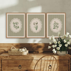 Green Striped Floral Art Prints Set of 3, Vintage Flower Print, Cottagecore Botanical Print, Green Wall Decor, Grandmillennial Art Print