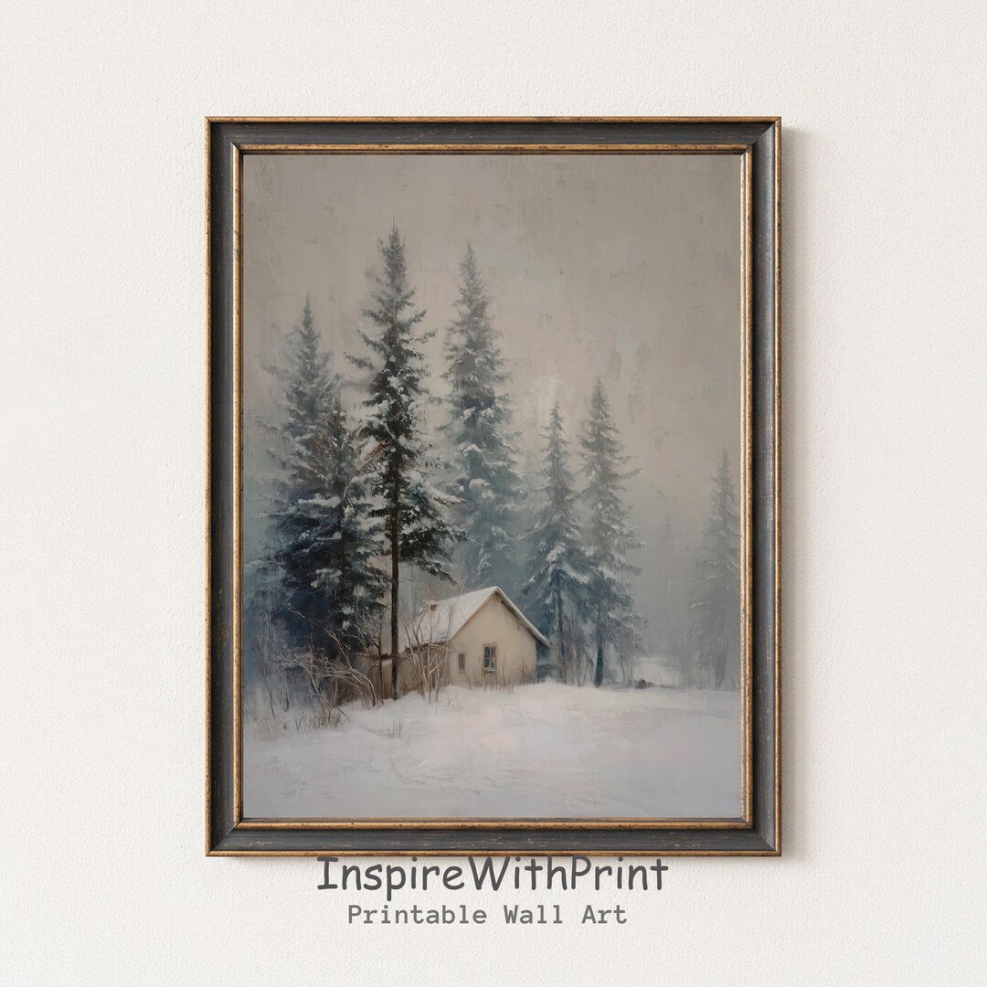 Winter Cabin Wall Art, Snowy Forest Cottage Print, Cozy Winter ...