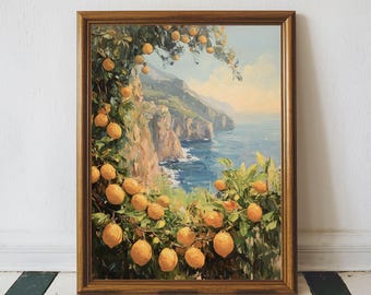 Mediterranean Landsacpe With Lemons Print, Italian Seascape Printable Wall Art, Coastal Kitchen Print, Moody Lemon Wall Art, Summer Print