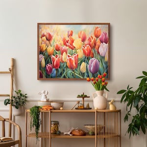 Colorful Tulip Garden Painting, Digital Download Tulip Prints, Spring Flower Wall Art, Artful Bright Floral Print, Spring Wall Decor