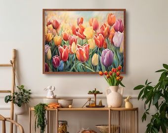 Bunte Tulpen Garten Malerei, Digital Download Tulpe Drucke, Frühlingsblumen Wandkunst, Kunstvoller heller Blumendruck, Frühlings Wanddekor