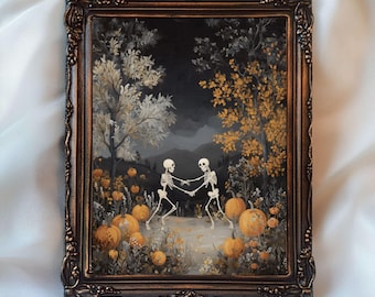 Dancing Skeleton Lover Print, Trendy Halloween Printable Spooky Art, Funny Skeleton Poster, Moody Autumn Landscape Art Fall Dark Cottagecore