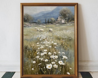 Impresión de arte mural de prado campestre francés, pintura de paisaje de campo de ovejas, decoración rústica de estilo cottagecore, arte primaveral con un toque melancólico