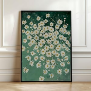 May include: A painting of a bouquet of white daisies with yellow centers on a teal green background.