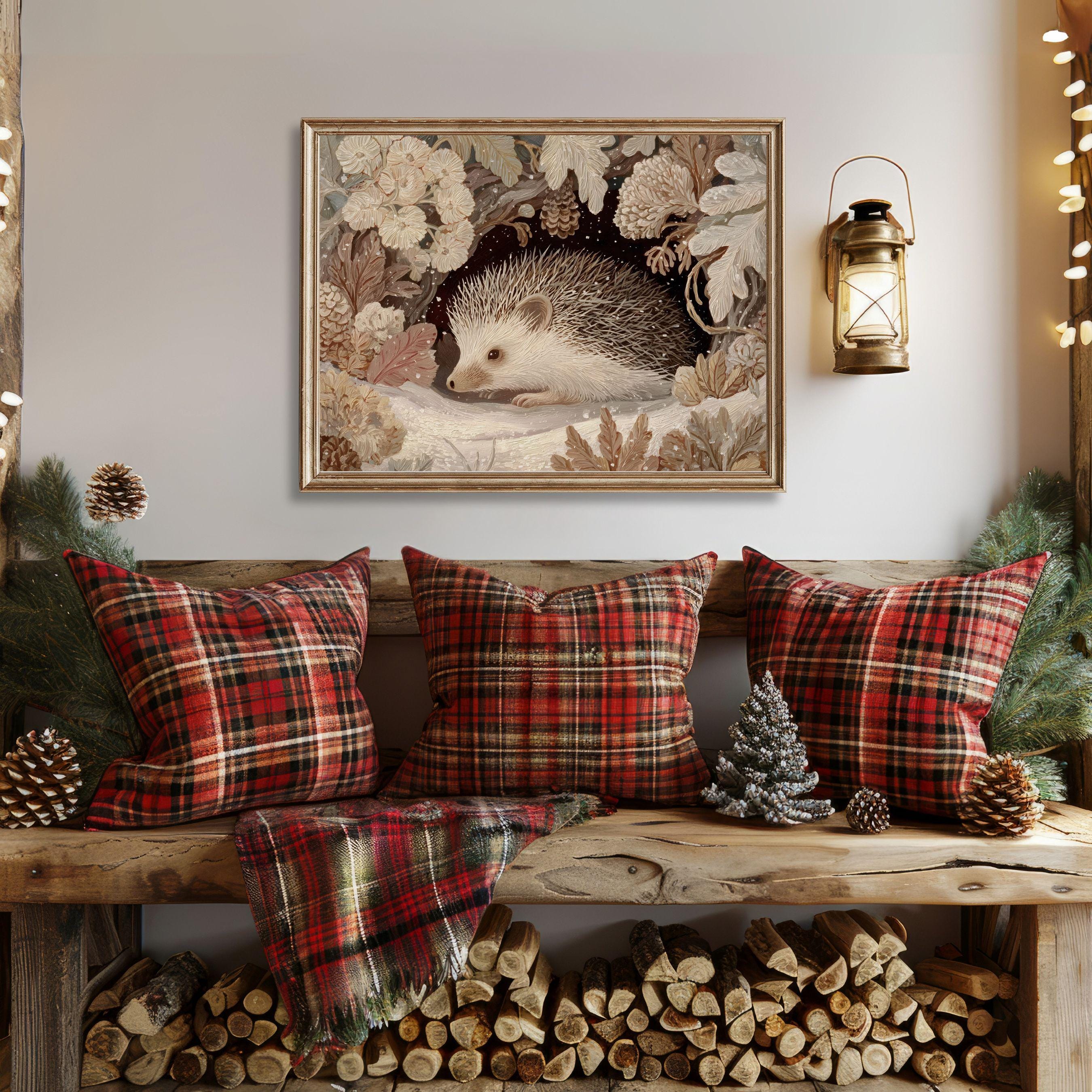 雪の降るクリスマスボタニカルとハリネズミのプリント、かわいい