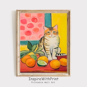 Cute Cat Painting with Fruits ,Digital Download Matisse Inspired Art, Cat Lover Poster Art, Cat with Oranges Print, Modern Kitchen Art