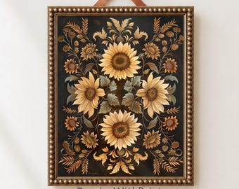 Elegante botanische herfstprint, muurdecoratie met zonnebloemen, vintage cottagecore-decoratie geïnspireerd op William Morris.