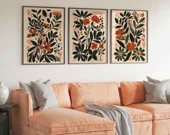 Boho Flower Wall Art, Digital Download Artful Boho Flower Art Print Set of 3, Abstract Botanical Wall Art, Aesthetic Botanical Art Decor