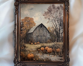Pumpkin Barn Wall Art, Vintage Fall Barn Print, Rustic Fall Farmhouse Printable Autumn Cottagecore Art, Neutral Countryside Pumpkin Painting