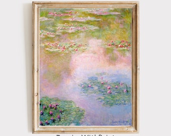 Puede incluir: Una pintura de nenúfares en un estanque. El agua es de color azul claro y los nenúfares son de color rosa y verde. La pintura está realizada en un estilo que recuerda al impresionismo.