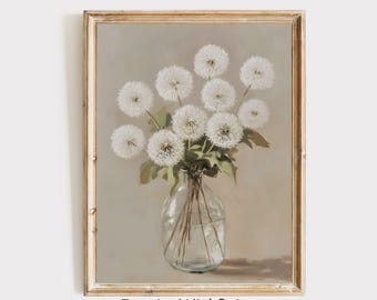 Dandelion Wall Art Printable Soft Neutral Beige White Flower Print, Vintage Floral Wall Art, Dandelion Flower Print, Spring Wall Decor Art