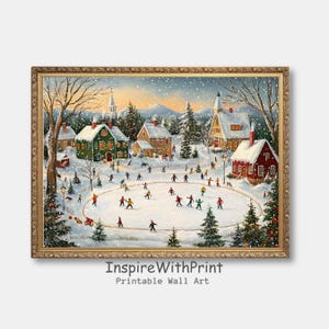 Snowy Christmas Town Wall Art, Christmas Kids Ice Skating Print Vintage Christmas Village, Print Winter PrintableArt, Snowy Holiday Print