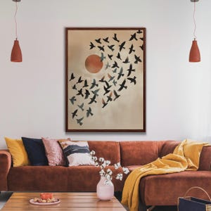 Impresión de bandada de pájaros, póster de pájaros volando sobre el sol, arte de pared bohemio abstracto, arte de pared de bandada de pájaros, pintura de pájaros y sol, decoración de pared rústica