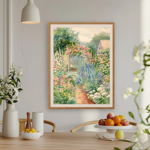 May include: A watercolor painting of a garden path leading through a lush garden with a variety of flowers in shades of pink, blue, and white. The path is lined with tall, slender flowers, and the garden is surrounded by a wooden fence.