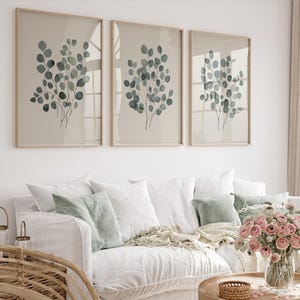 Eucalyptus Leaves Print Set of 3, Botanical Watercolor Painting, Sage Green Wall Art, Botanical Art Print, Eucalyptus Wall Art Printable