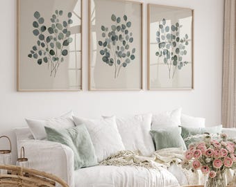 Eucalyptus Leaves Print Set of 3, Botanical Watercolor Painting, Sage Green Wall Art, Botanical Art Print, Eucalyptus Wall Art Printable