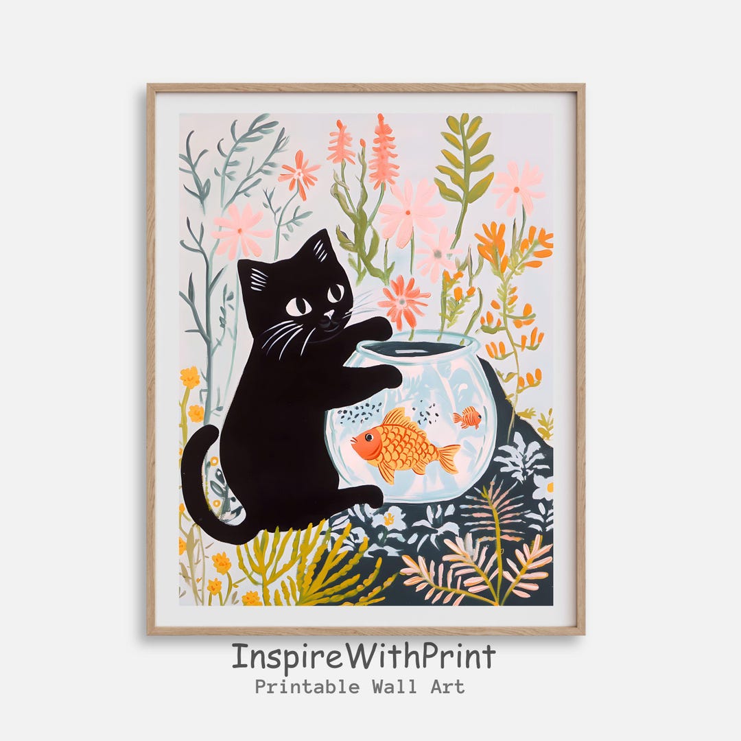 金魚鉢で遊ぶ猫のプリント、マティスの黒猫の壁アート、黒猫と花柄の
