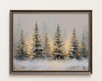 Winter Forest Wall Art, Snowy Pine Tree Christmas Painting, Festive Holiday Printable, Cozy Winter Evergreen Decor, Rustic Christmas Artwork