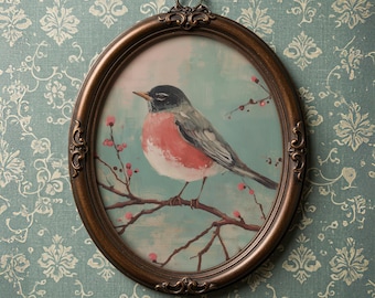 Spring Robin Bird Printable Art, Cottagecore Woodland Wall Art, Soft Pastel Nature Painting, Moody Spring Farmhouse Digital Download