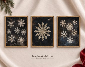 Vintage Snowflake Wall Art Set of 3, Dark Winter Christmas Printable Wall Decor, Rustic Holiday Gallery Set