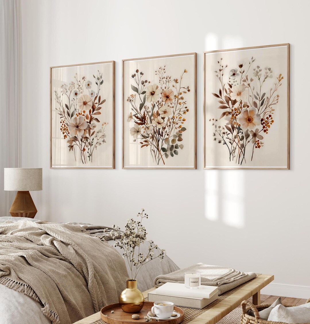 Rustic Wildflowers Print Set of 3, Neutral Boho Botanical Wall Art ...