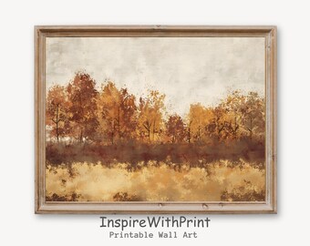 May include: A framed print depicting an autumnal scene. The artwork showcases trees in shades of orange, brown, and yellow, set against a neutral backdrop. The lower portion of the print features a field of golden hues. The text "InspireWithPrint Printable Wall Art" is at the bottom.