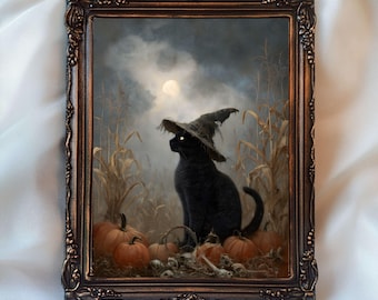 Vintage Fall Witch Cat Print, Gothic Halloween Wall Art, Moody Autumn Printable Art, Dark Academia Cottagecore Art, Fall Black Cat Wall Art