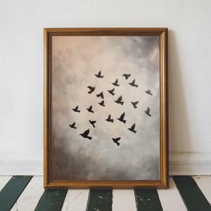 Arte de pared con bandada de pájaros, impresión de bandada de pájaros, póster de pájaros voladores, arte de pared minimalista neutro imprimible con silueta de pájaro, decoración de pared rústica