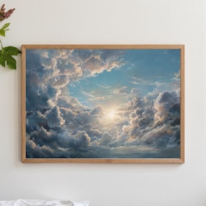 May include: A framed art print featuring a vibrant depiction of a bright sun shining through a break in the clouds. The artwork showcases a dramatic sky with shades of blue, white, and gray, creating a sense of depth and light.
