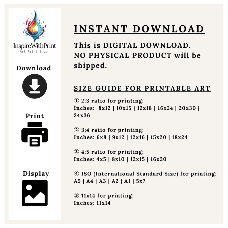 May include: A printable art size guide with five different size options for printing. The guide includes a 2:3 ratio, 3:4 ratio, 4:5 ratio, ISO standard sizes, and 11x14 inches.
