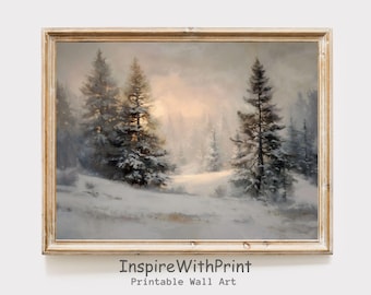Könnte beinhalten: Gerahmtes Winterlandschaftsgemälde mit schneebedeckten Nadelbäumen und einer weichen, gedämpften Farbpalette. Das Kunstwerk zeigt eine ruhige Waldszene mit goldenem Schein. Der Text "InspireWithPrint Printable Wall Art" befindet sich unten.