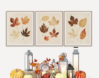 Vintage Fall Leaves Print Set of 3, Rustic Botanical Leaves Print, Printable Autumn Wall Art, Fall Foliage Wall Decor, Neutral Autumn Print