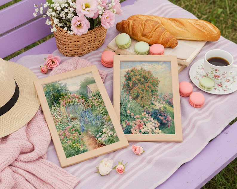 Vintage Spring Flower Garden Print Set of 2, French Country Cottage Landscape Art Printable Watercolor Floral, Pastel French Garden Print image 2