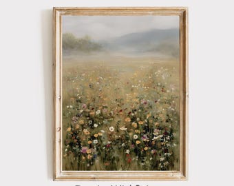 Vintage Fall Wildflower Meadow Print, Moody Wildflower Field Art Printable Neutral Fall Landscape Print, Farmhouse Autumn Cottagecore Art