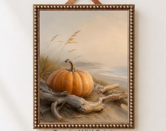 Coastal Pumpkin Wall Art, Beach Autumn Decor, Rustic Driftwood Pumpkin Print, Neutral Farmhouse Fall Artwork, Cottagecore Coastal Printable