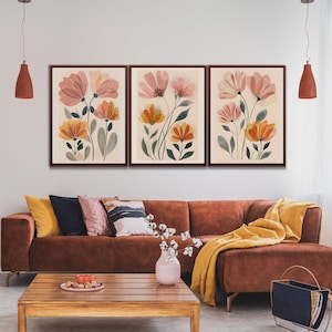 Midcentury Modern Boho Flower Wall Art Set of 3, MCM Flower Printable Boho Floral Art, Moody Botanical Art Decor, Neutral Boho Wall Art